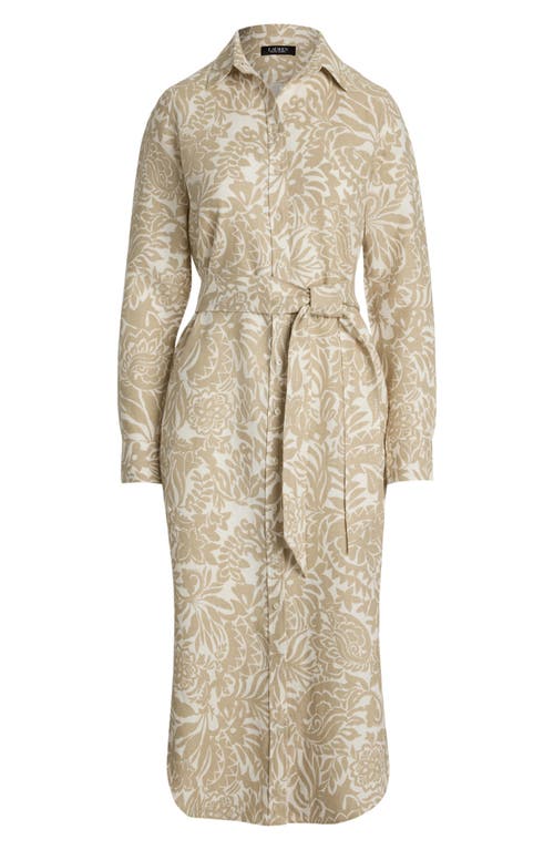 Ralph Lauren Lauren Floral Long Sleeve Linen Midi Shirtdress In Cream/tan