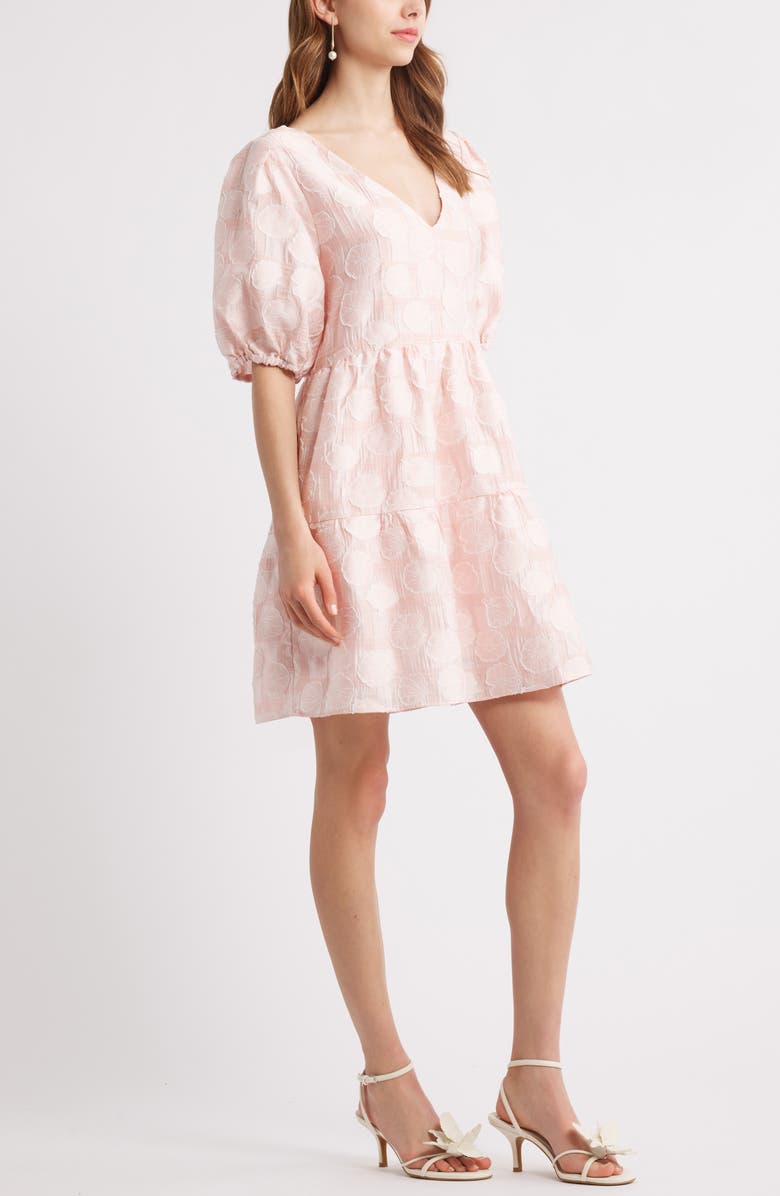 Chelsea28 Puff Sleeve Jacquard Tiered Minidress, Alternate, color, Pink