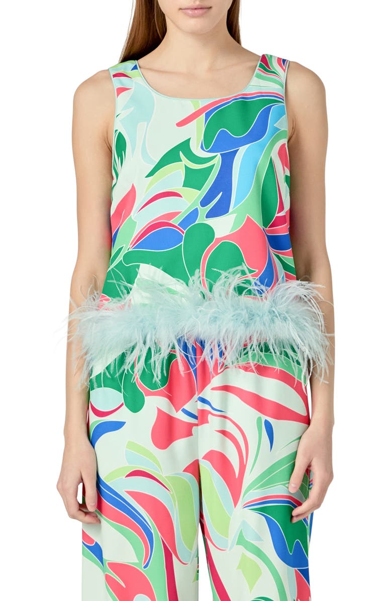 English Factory Abstract Print Feather Trim Sleeveless Top, Main, color, Green/ Blue Multi