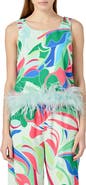 English Factory Abstract Print Feather Trim Sleeveless Top