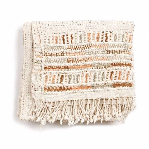 Studio Variously Unah Coral Fully Hand Embroidered Handwoven Organic Cotton Throw In Brown