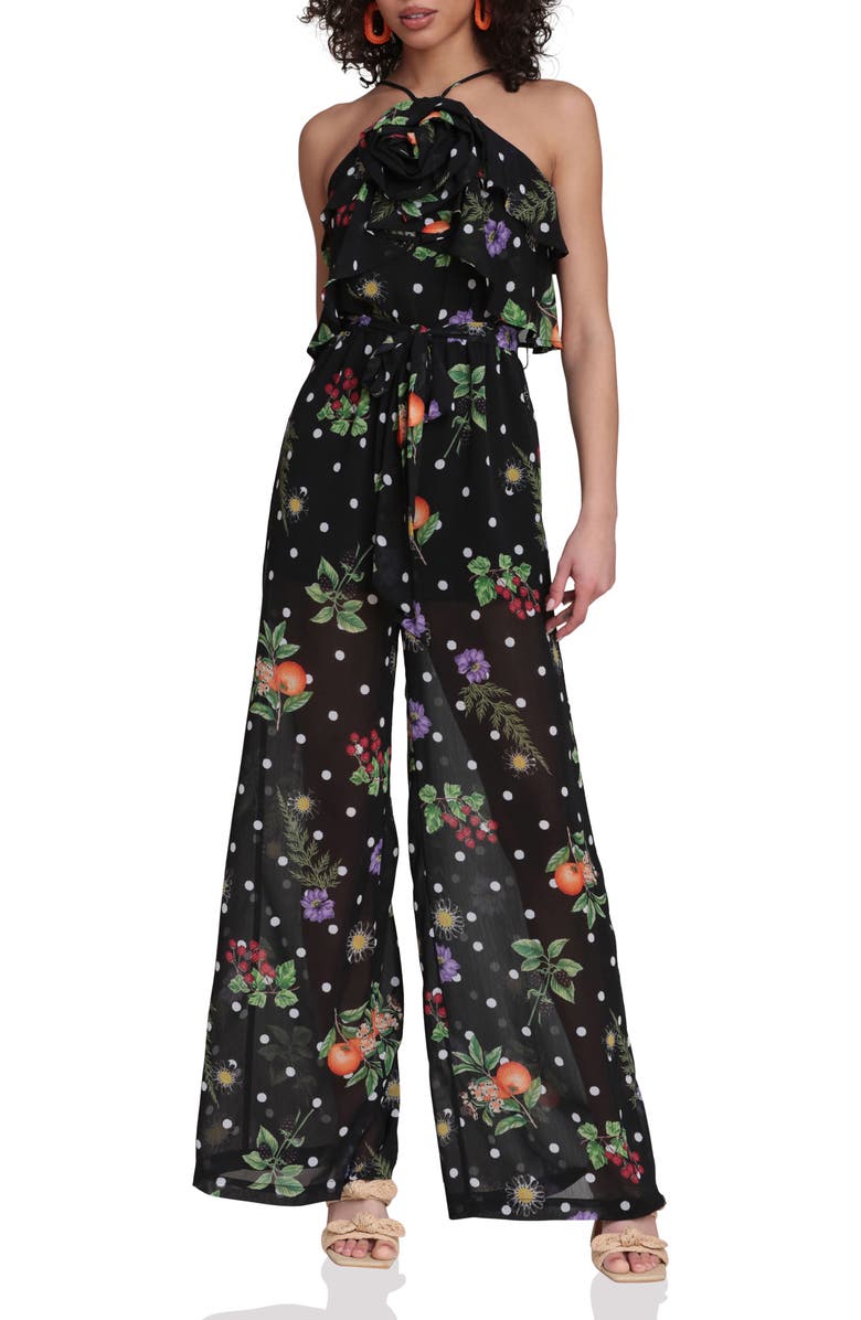 Avec Les Filles Rose Halter Neck Jumpsuit, Main, color, Black Scattered Botanical