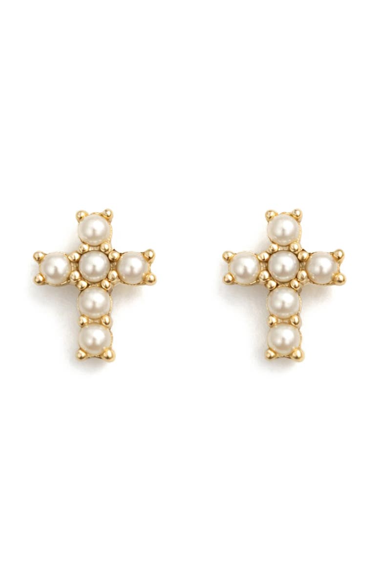 Freshwater Pearl Cross Stud Earrings, Main, color, WHITE/ GOLD PLATED