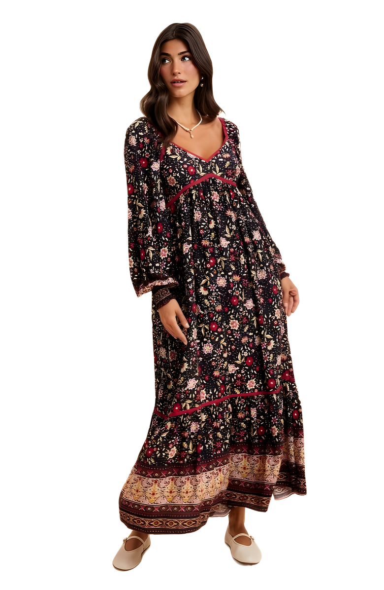 Knit and Lounge Boho Tiered Print Long Sleeve Midi Dress with Lace Trim, Alternate, color, Black Floral