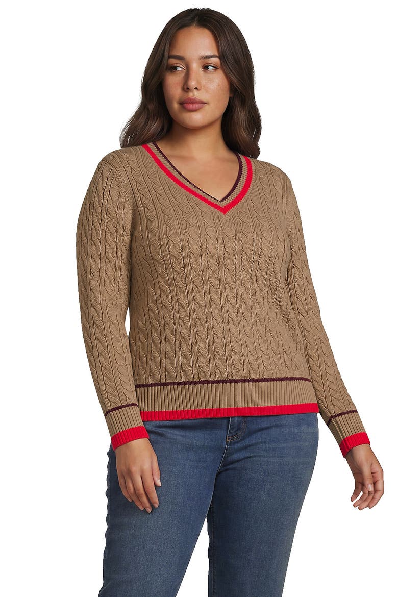 Plus Drifter Cable V-neck Sweater, Main, color, Vicuna Heather Tipping
