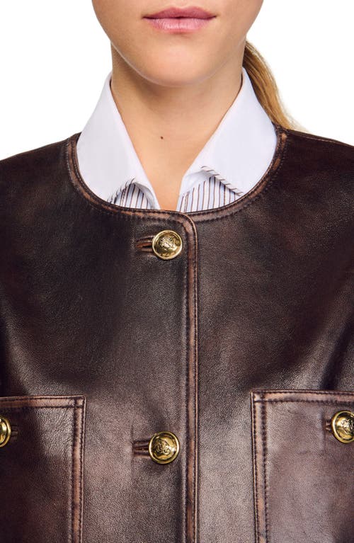 Sandro Womens Black Brown Distressed Button-embellished Leather Jacket In Brown