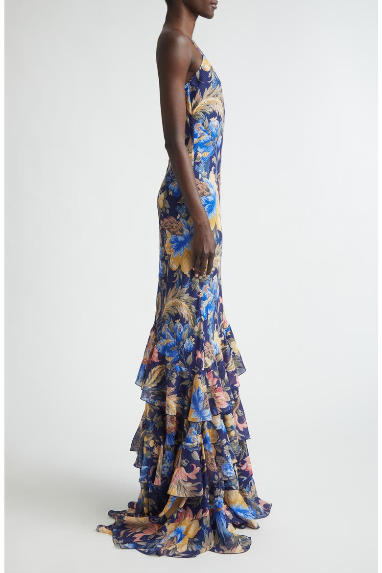 Floral Ruffle Check Jacquard Gown, Alternate, color, PRINT ON BLUE BASE