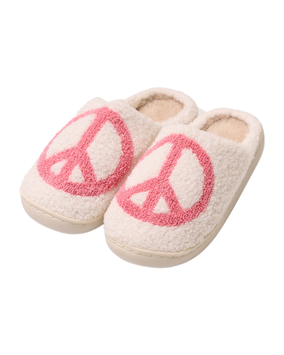 Malibu Sugar Plush peace symbol slippers, Main, color, White & Pink