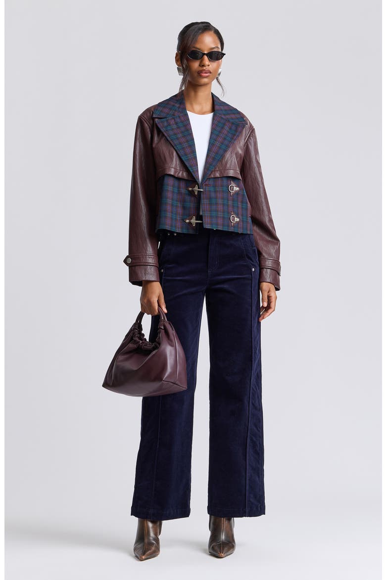 Colorblock Faux Leather Cropped Jacket, Alternate, color, BLUE PLAID- BURGUNDY