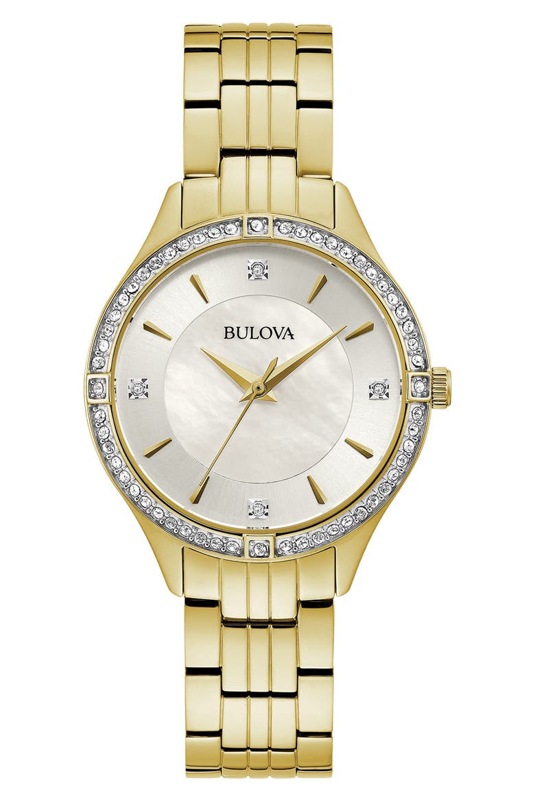 Crystal Bezel Mother of Pearl Bracelet Watch, 32mm, Main, color, GOLD