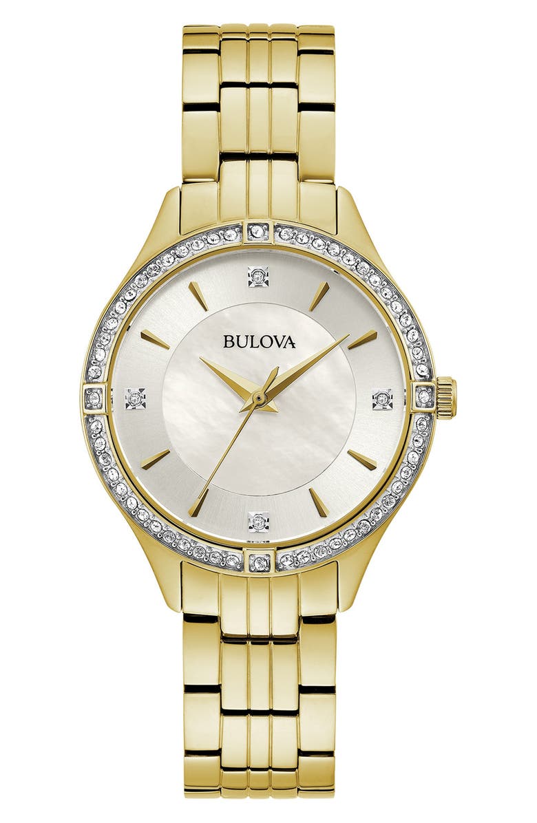 BULOVA Crystal Bezel Mother of Pearl Bracelet Watch, 32mm, Main, color, Gold