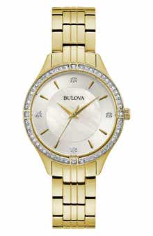 BULOVA Crystal Bezel Mother of Pearl Bracelet Watch, 32mm