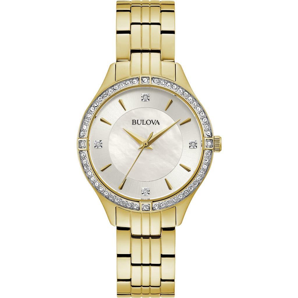 Bulova Crystal Bezel Mother Of Pearl Bracelet Watch, 32mm In Gold