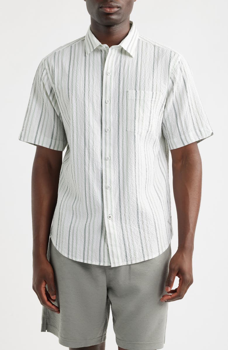 Tommy Bahama Nova Wave Silve Stripe Short Sleeve Seersucker Button-Up Shirt, Main, color, Dusty Sage