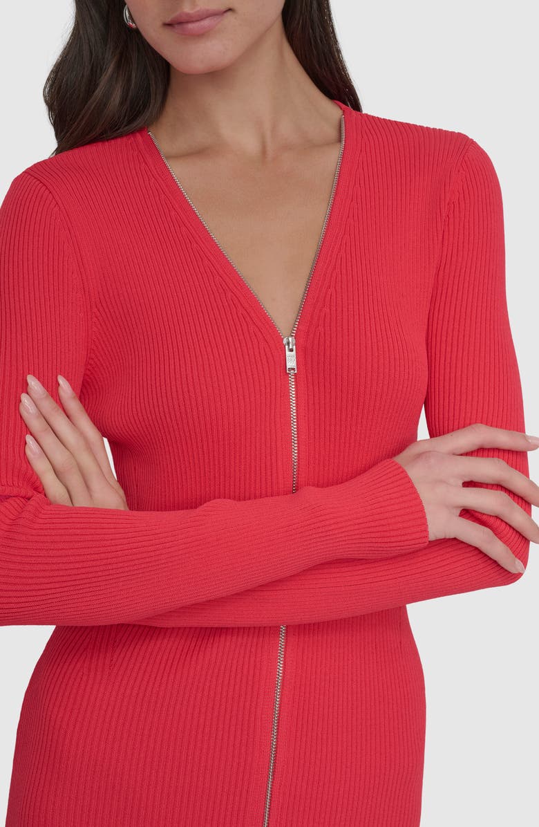 DKNY Front Zip Long Sleeve Rib Midi Dress, Alternate, color, Watermelon