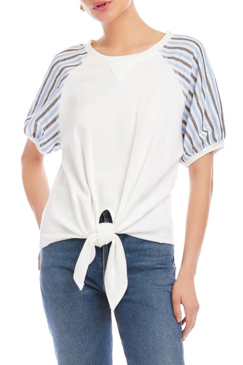 Jami Contrast Sleeve Tie Front Organic Cotton Top, Main, color, OFF WHITE