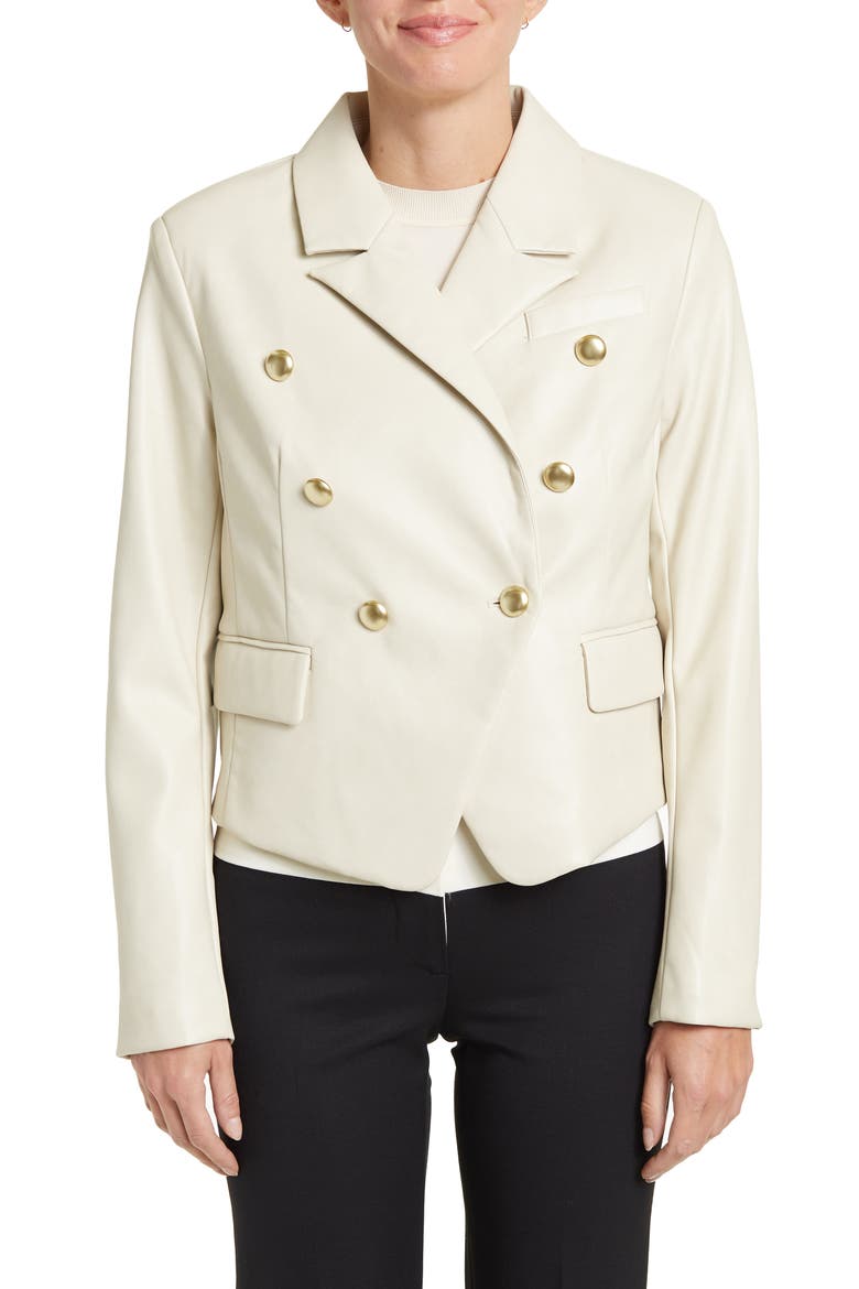 Double Breasted Faux Leather Blazer, Alternate, color, BONE
