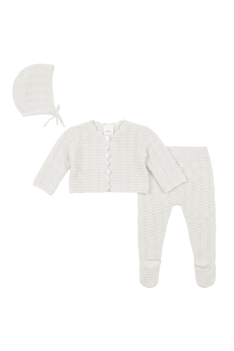3 Piece Organic Cotton Knit Cardigan, Leggings, and Hat Set, Main, color, White