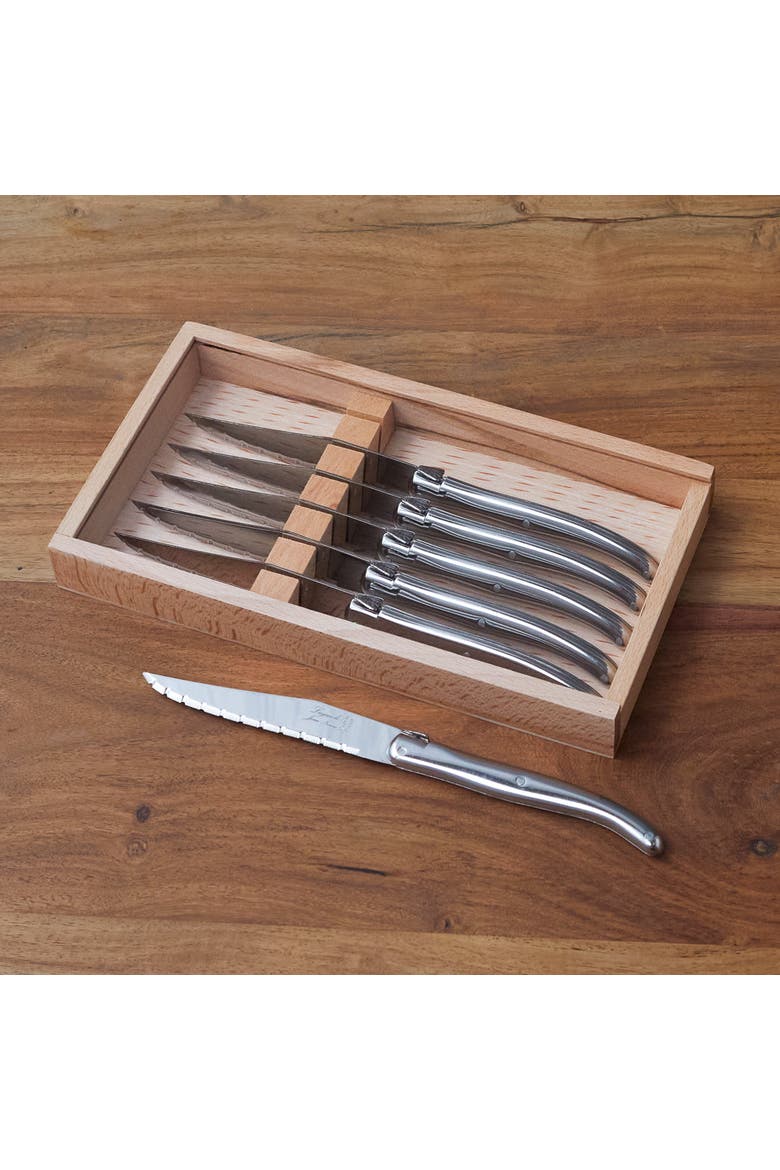 Laguiole 6 Piece Steak Knife Set in Wood Box with Acrylic Lid, Alternate, color, Stainless Steel