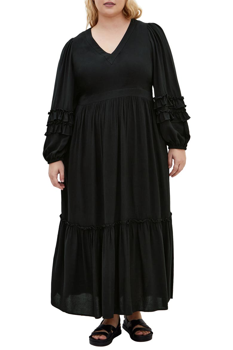 Malia Ruffle Long Sleeve Maxi Dress, Main, color, BLACK