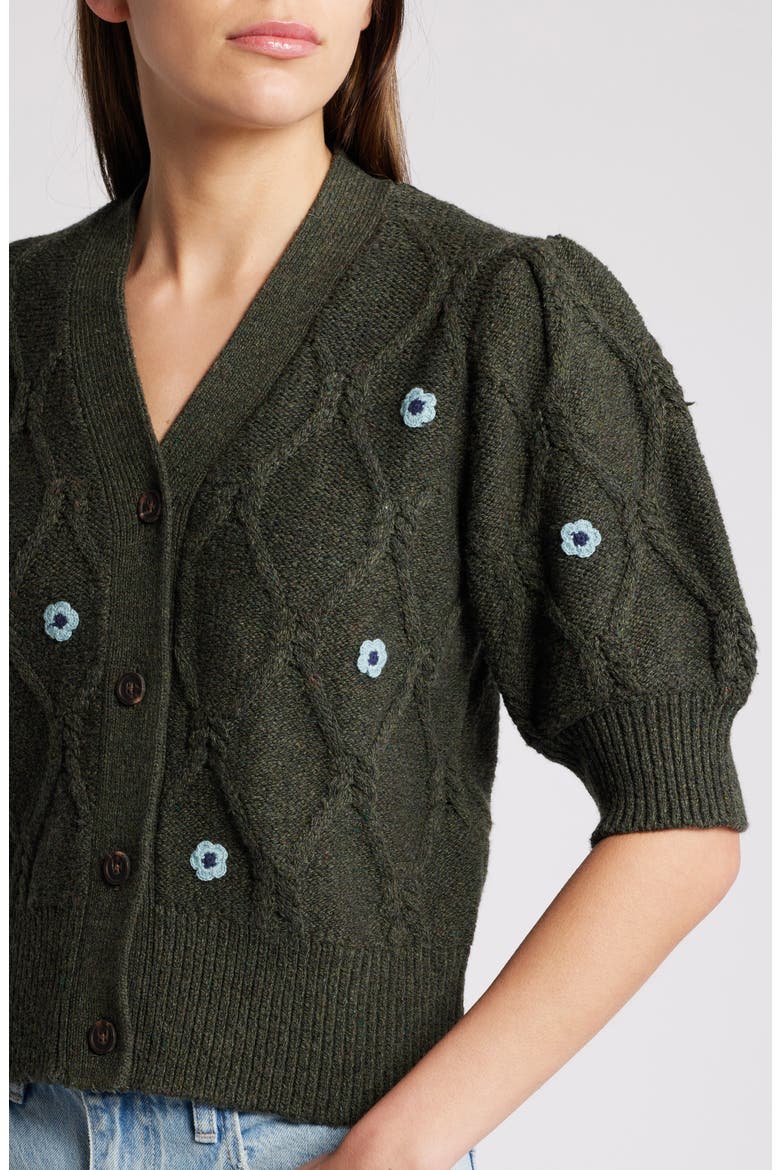 Isla Floral Embroidered Elbow Sleeve Button-Up Cardigan, Alternate, color, FOREST DAISIES
