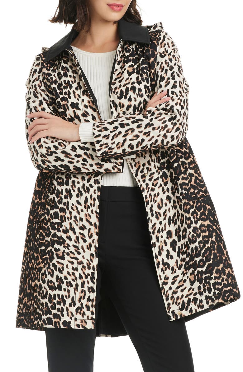 Kate Spade New York water resistant leopard print a-line raincoat, Alternate, color, Downtown Leopard