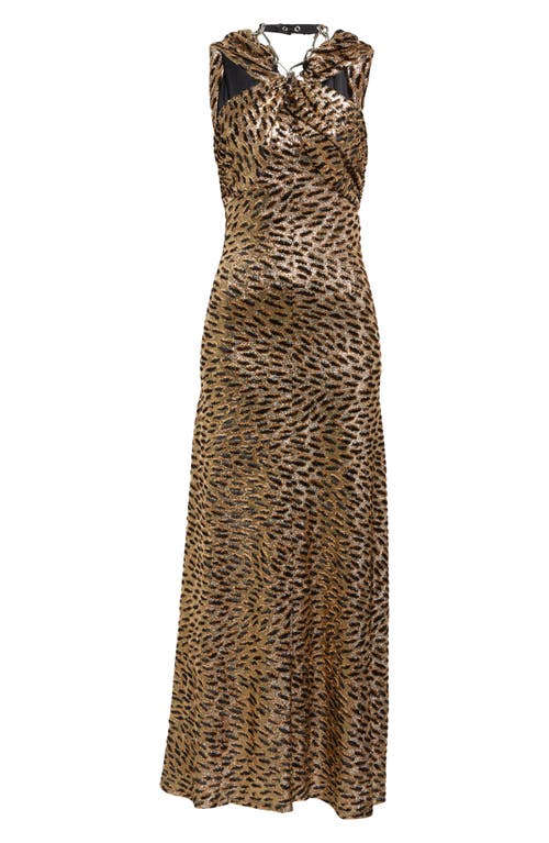 Rabanne Leopard Print Chain Halter Neck Gown
