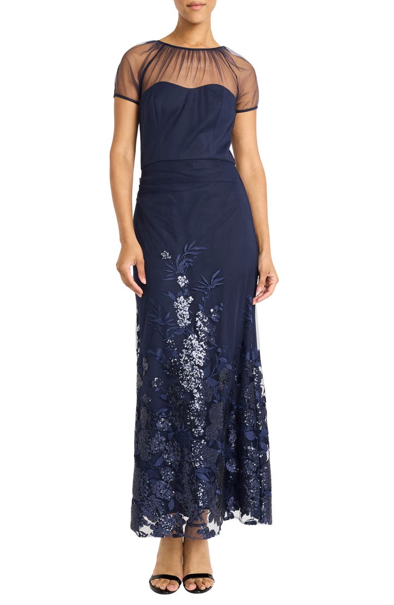 Maggy London Floral Appliqué Detail Mesh Gown, Main, color, Navy