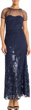 Maggy London Floral Appliqué Detail Mesh Gown