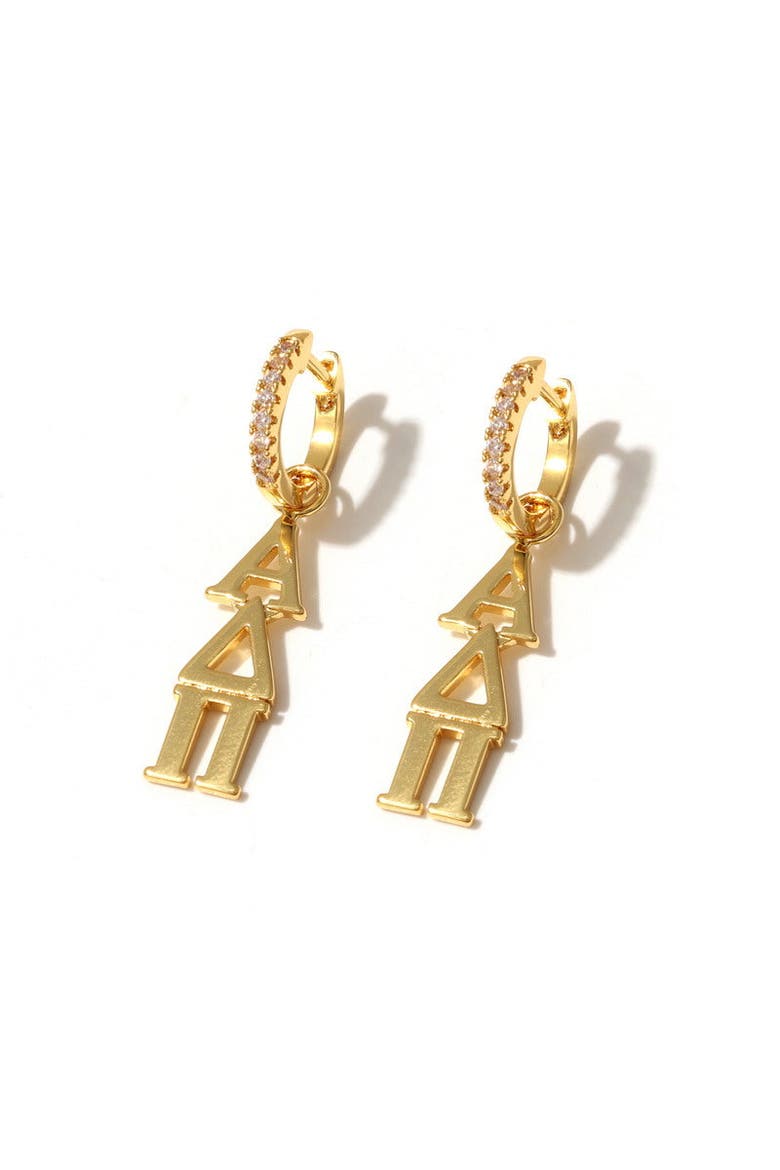 Alpha Delta Pi Greek Letter Huggie + Charm Earrings, Main, color, Yellow Gold