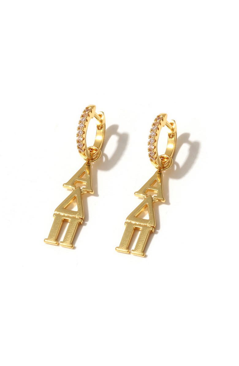 Color Shout Alpha Delta Pi Greek Letter Huggie + Charm Earrings, Main, color, Yellow Gold
