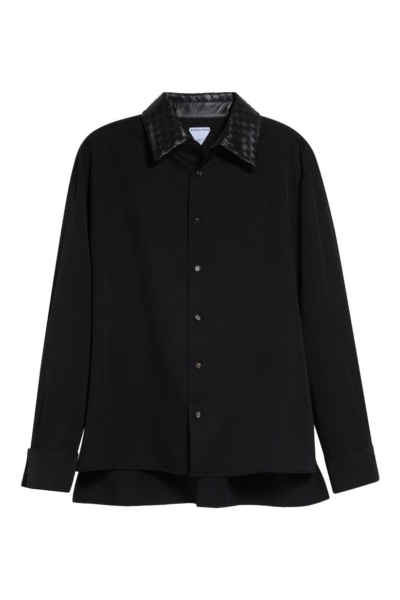 Intrecciato Twill Button-Up Shirt with Leather Collar, Main, color, 1010 DOUBLE BLACK