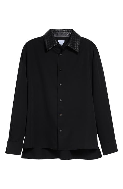 Intrecciato Twill Button-Up Shirt with Leather Collar