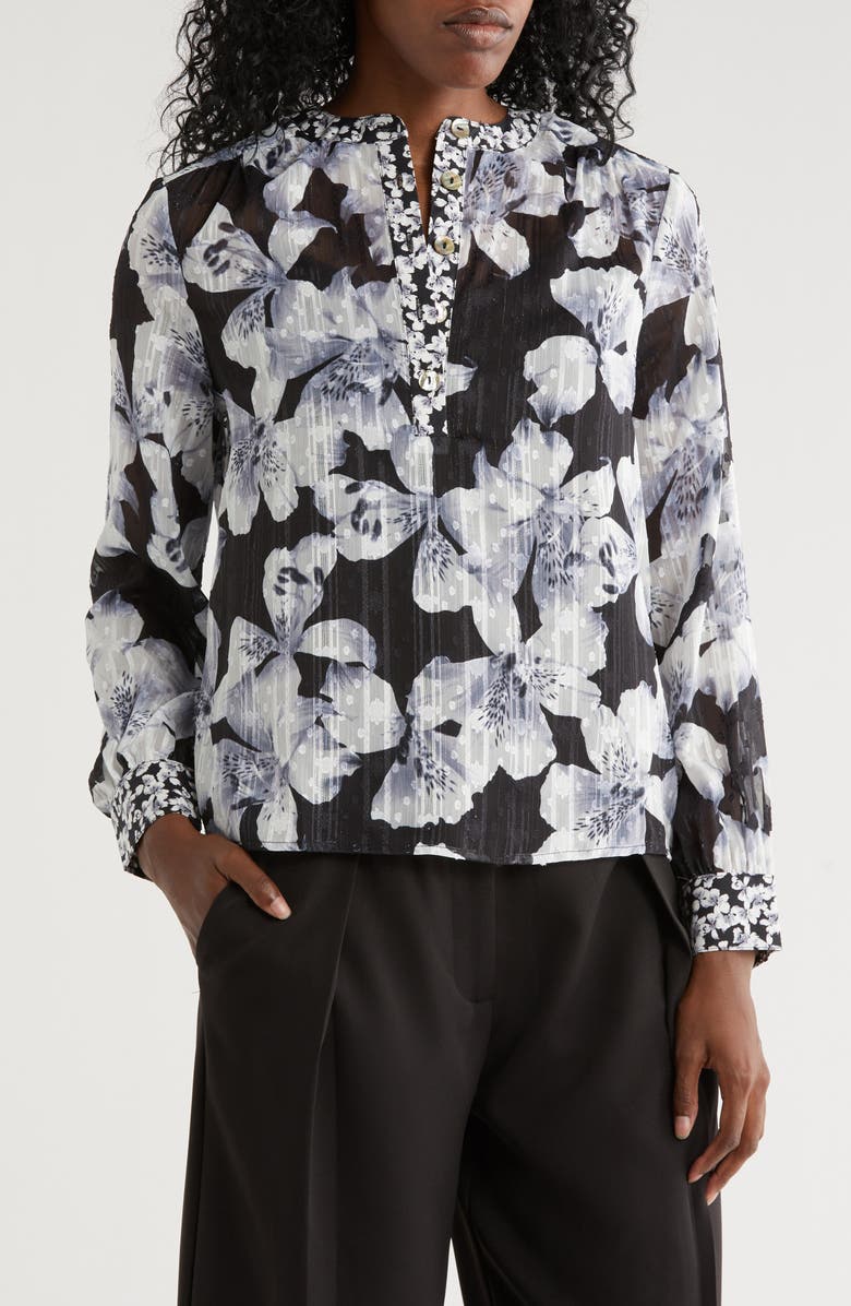 Nicole Miller Print Long Sleeve Top, Main, color, Hibiscus Large