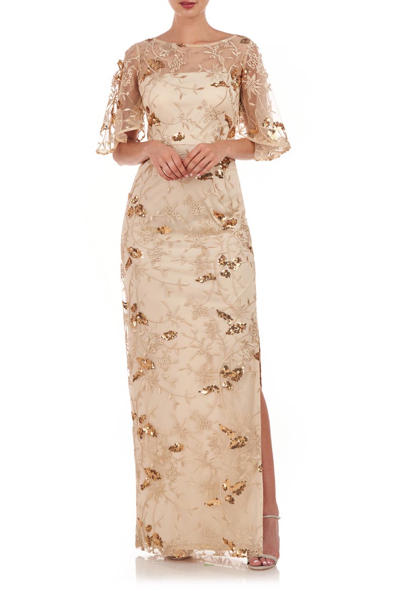 Daphne Embroidered Sequin Column Gown, Main, color, GOLD