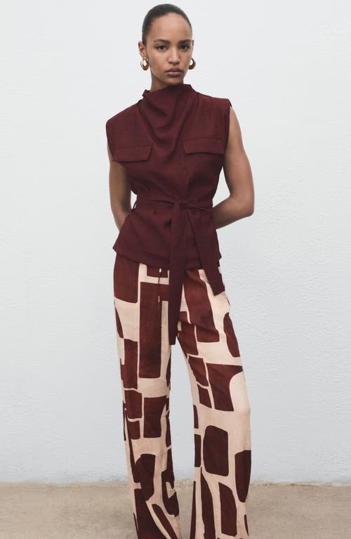 Mango Geometric Print Wide Leg Drawstring Pants In Brown