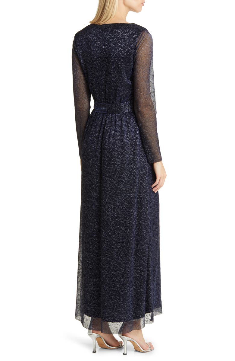 Anne Klein Belted Long Sleeve Metallic Chiffon Gown, Alternate, color, 