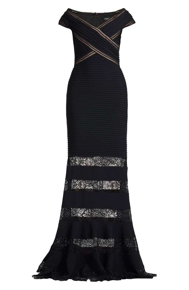 Tadashi Shoji Pintuck Ladder Stitch Lace Inset Trumpet Gown, Alternate, color, Black