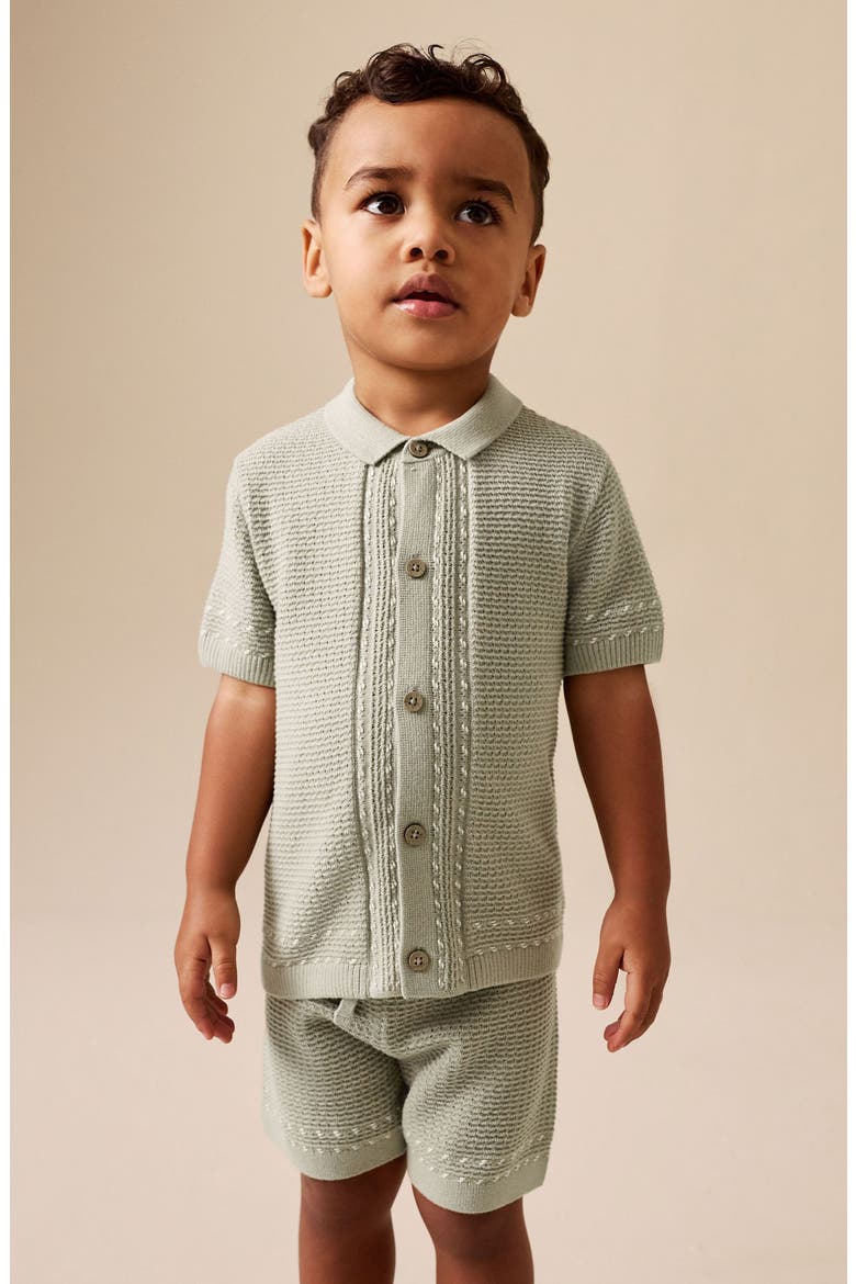 Kids' Cotton Knit Button-Up Shirt & Shorts Set, Alternate, color, GREEN