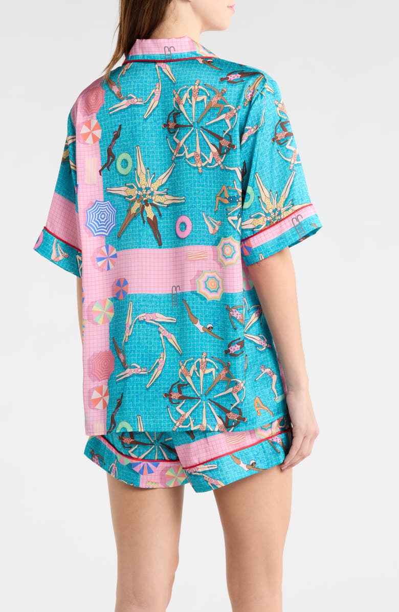 Karen Mabon Swimmers Piped Satin Pajamas, Alternate, color, Teal/ Pink