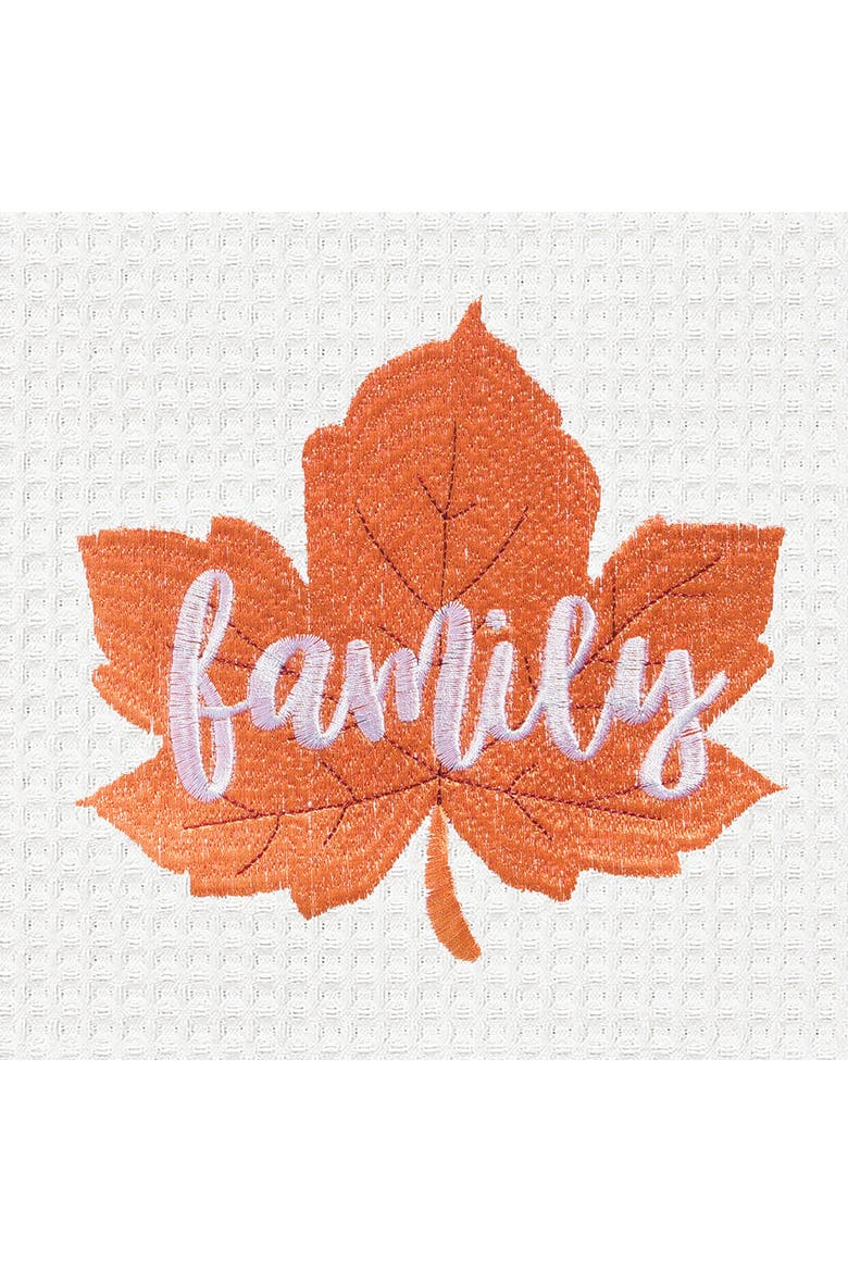 "Family" Leaf Embroidered Waffle Weave Kitchen Autumn Dishtowel, Alternate, color, White
