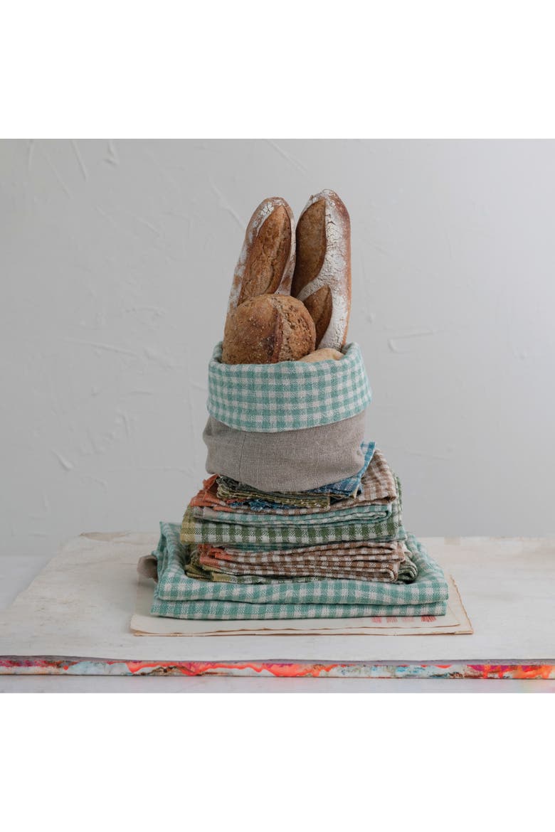 Creative Co-Op Handwoven Linen Bread Basket with Gingham Lining, Aqua and Natural, Alternate, color, Blue
