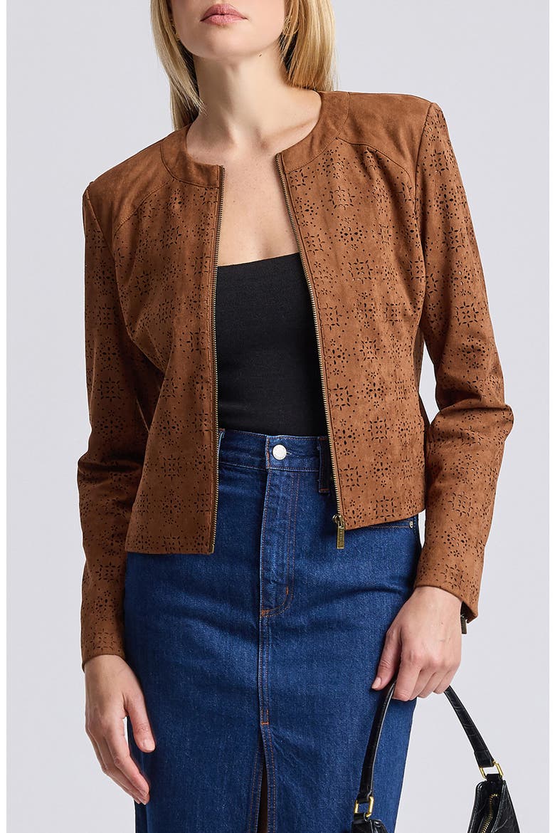 Collarless Eyelet Faux Suede Zip Front Jacket, Main, color, SADDLE