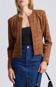 Bagatelle Collarless Eyelet Faux Suede Zip Front Jacket