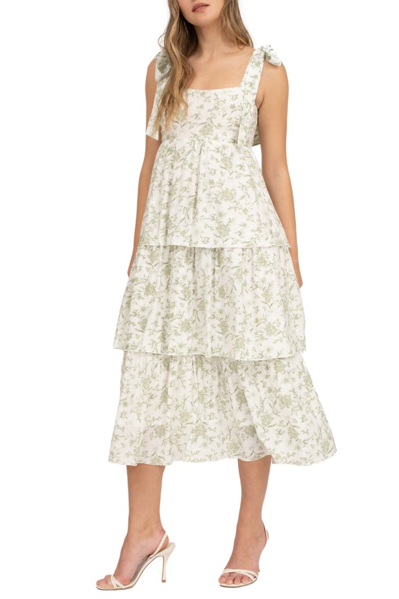 Floral Empire Waist Tiered Midi Dress, Alternate, color, SAGE MULTI