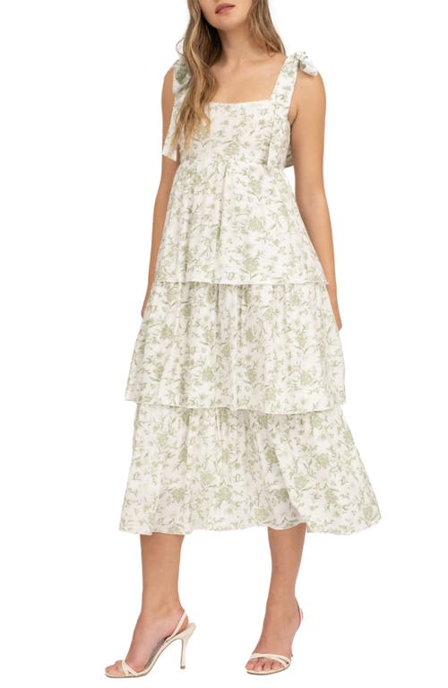 August Sky Floral Empire Waist Tiered Midi Dress In Sage Multi