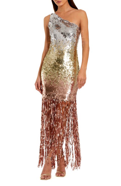 Ombre Sequin Fringe Mesh One Shoulder Gown