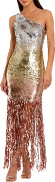 Mac Duggal Ombre Sequin Fringe Mesh One Shoulder Gown