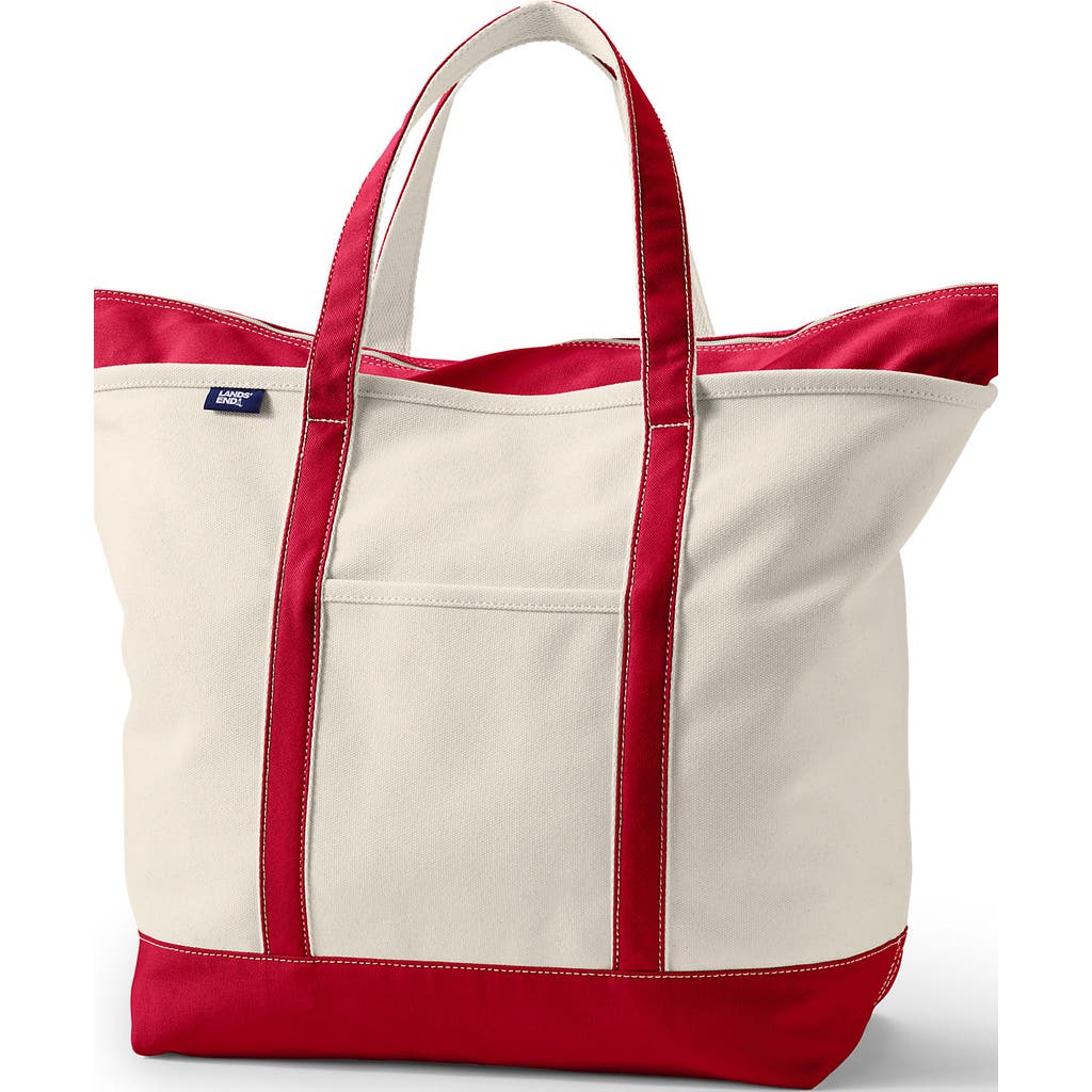 Lands' End Zip Top Canvas Tote Bag In Natural/heritage Red