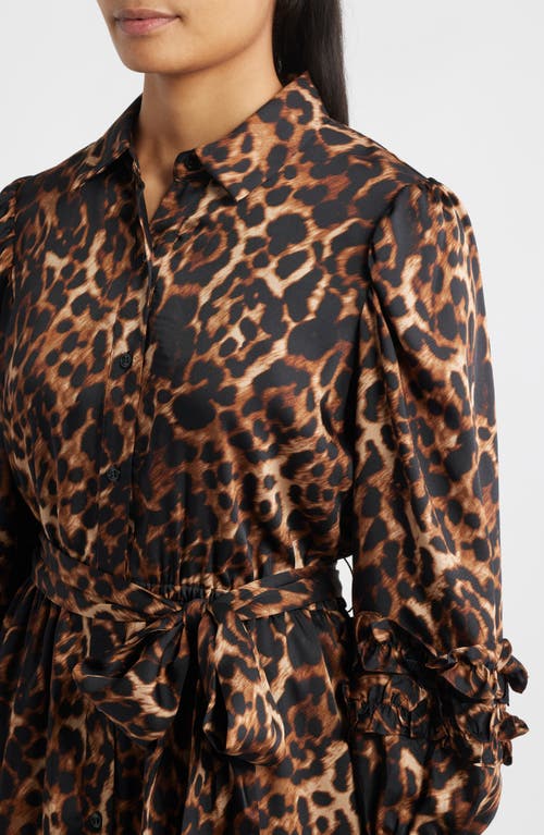 Anne Klein Leopard Tie Waist Long Sleeve Shirtdress In Multi